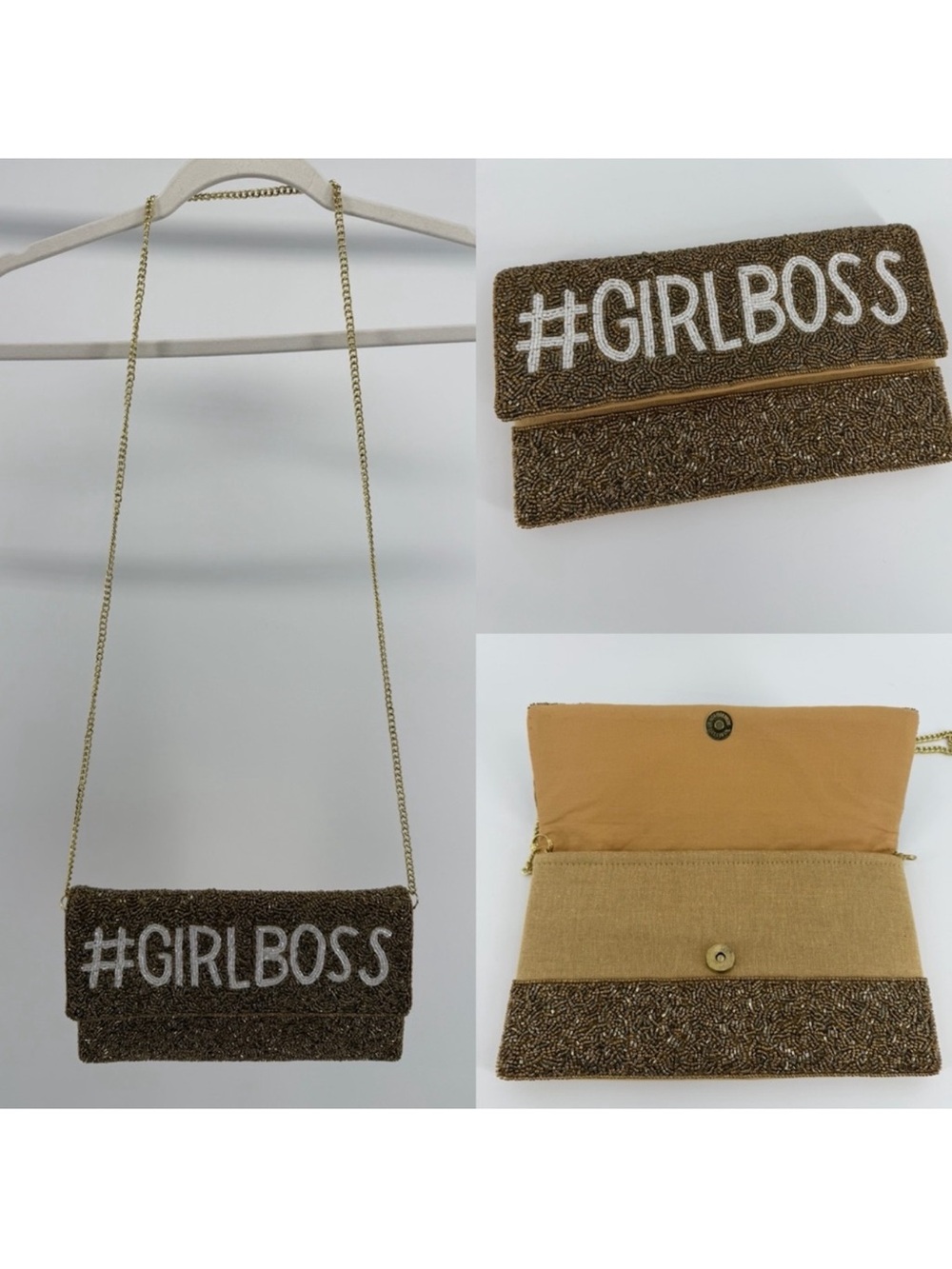 Shirdee Gold Beaded #GIRLBOSS Convertible Clutch/Shoulder Bag, Made in India